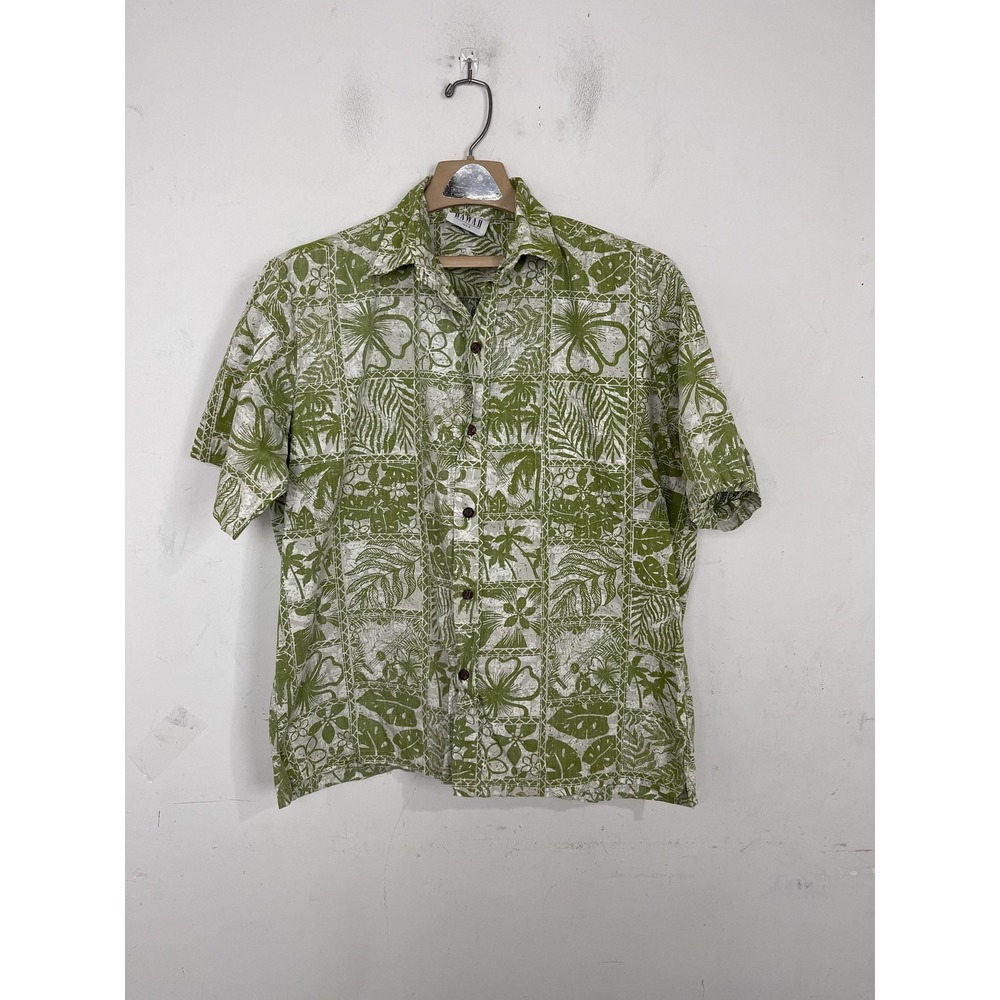 Vintage Made In Hawaii Shirt Mens Large Green White Floral Button Up Aloha 90s